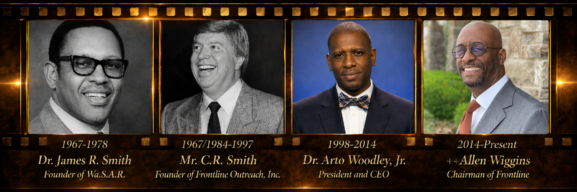 Frontline leadership timeline: Dr. James R. Smith, Mr. C.R. Smith, Dr. Arto Woodley Jr., Archbishop Allen Wiggins