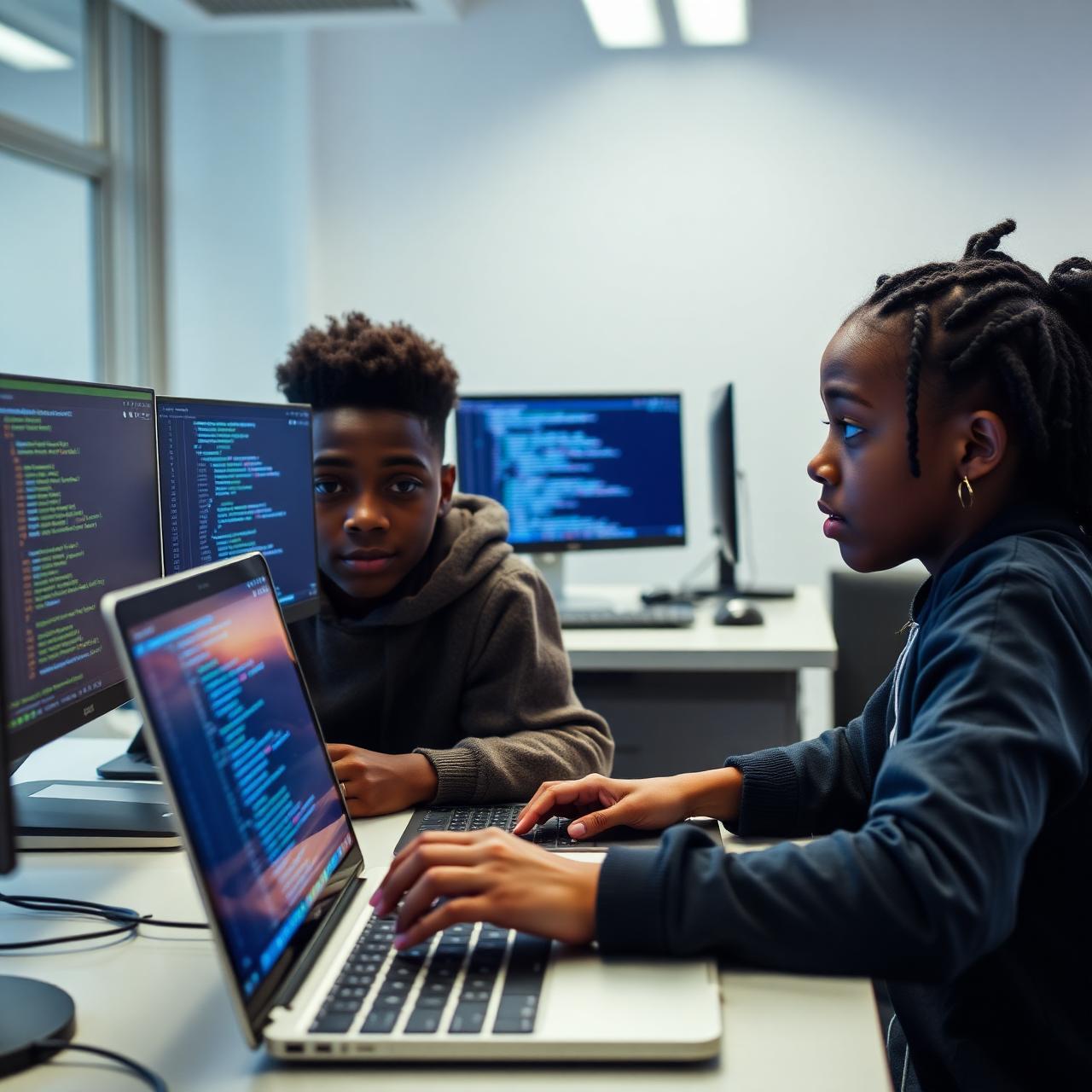 Students coding together